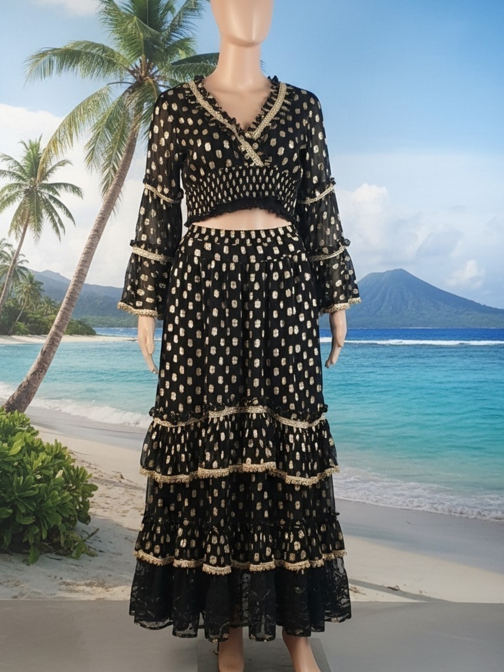 Black Tiered Maxi Skirt with Gold Dot Detail